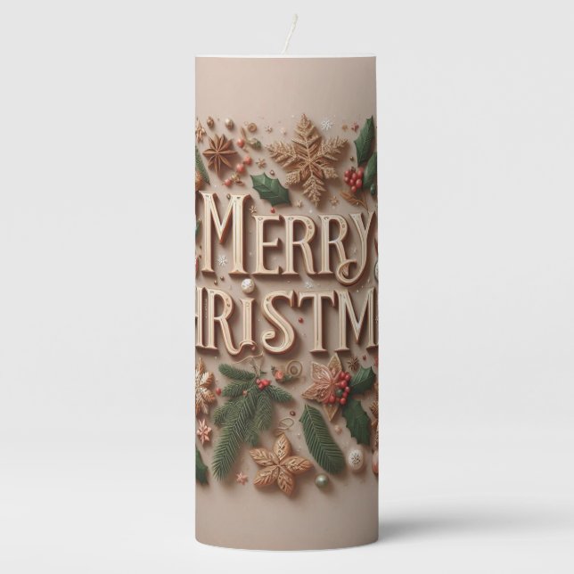 Classic Merry Christmas greenery  Pillar Candle (Front)