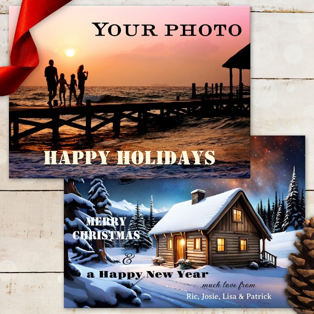 Classic Merry Christmas Holiday Custom Photo Card (Christmas Holidays custom photo card with classic winter landscape with festive cottage and Santa)