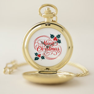 Classic Merry Christmas Holly Berry Holiday Art Pocket Watch