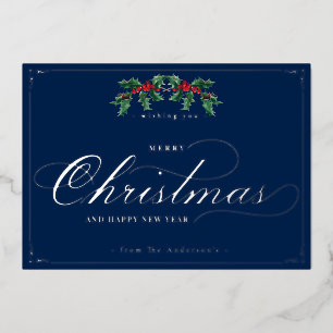 Classic Merry Christmas New Year Blue Silver Foil Holiday Card