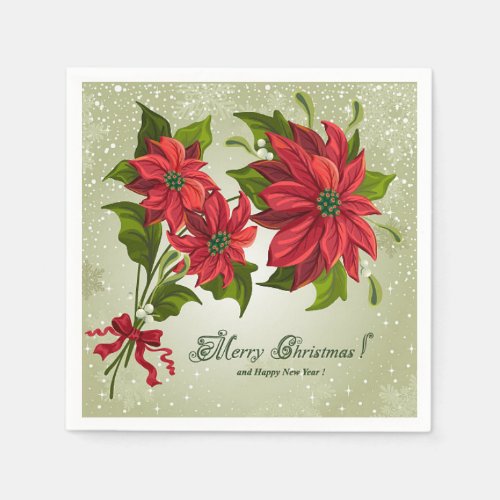 Classic Merry Christmas Paper Napkin Poinsettias