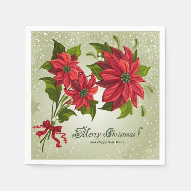 Classic Merry Christmas Paper Napkin Poinsettias (Front)