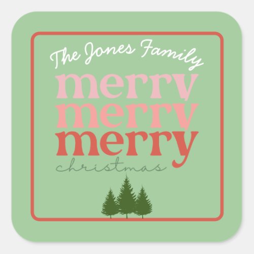 Classic Merry Christmas Pine Trees Green Red Name Square Sticker