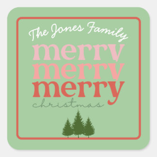 Classic Merry Christmas Pine Trees Green Red Name Square Sticker