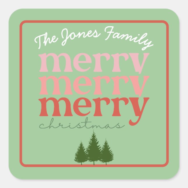 Classic Merry Christmas Pine Trees Green Red Name Square Sticker (Front)