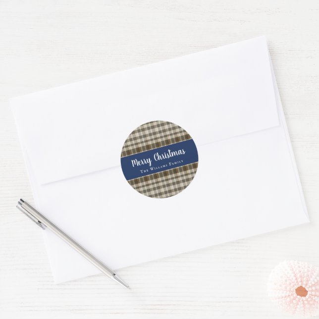 Classic Merry Christmas Plaid Blue White Classic Round Sticker (Envelope)