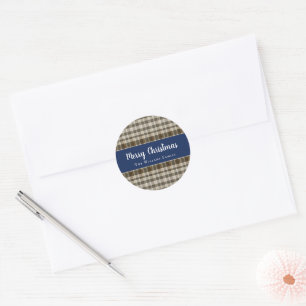 Classic Merry Christmas Plaid Blue White Round Sticker