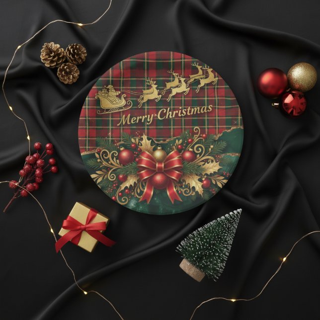 Classic Merry Christmas Plaid Design Paper Plates (Creator Uploaded)
