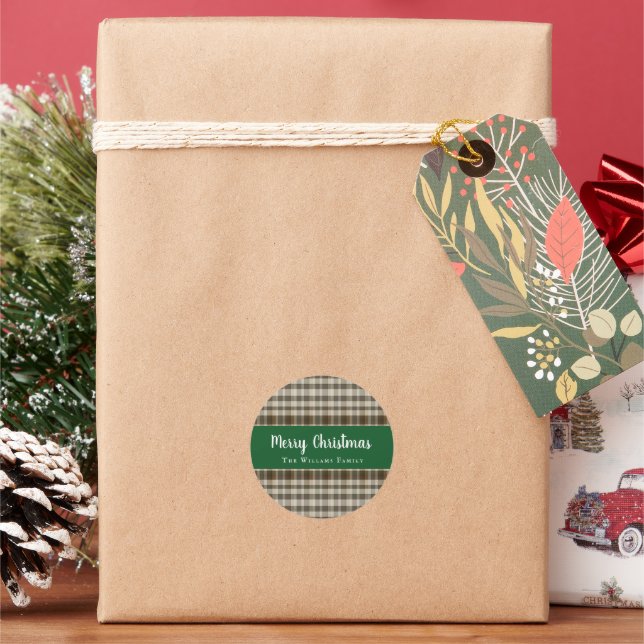 Classic Merry Christmas Plaid Green White Classic Round Sticker (Holiday)