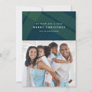 Classic Merry Christmas plaid simple two photo Holiday Card