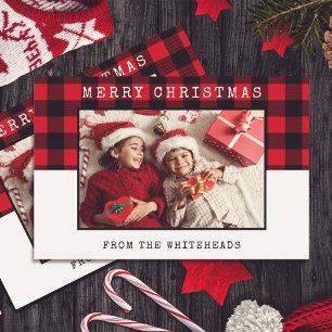 Classic Merry Christmas Red Buffalo Plaid Photo Ho Holiday Card