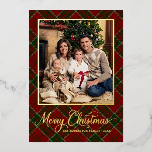 Classic Merry Christmas Red Plaid Photo Gold Foil Holiday Card