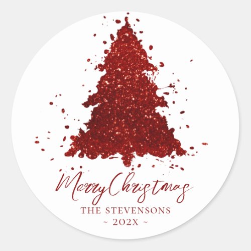 Classic Merry Christmas  Rich Crimson Red Tree Classic Round Sticker
