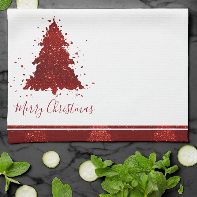 Classic Merry Christmas | Rich Crimson Red Tree Kitchen Towel (Creator Uploaded)