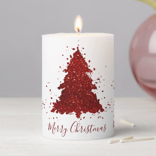 Classic Merry Christmas  Rich Crimson Red Tree Pillar Candle