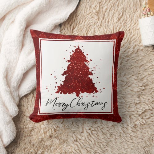 Classic Merry Christmas  Rich Crimson Red Tree Throw Pillow