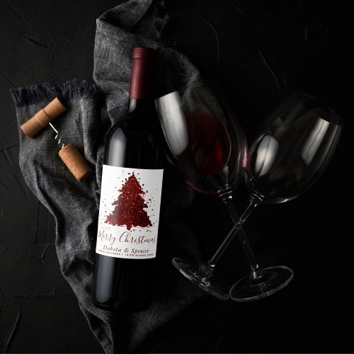 Classic Merry Christmas  Rich Crimson Red Tree Wine Label