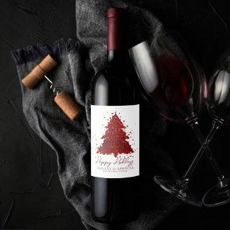Classic Merry Christmas | Rich Crimson Red Tree Wine Label