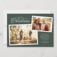 Classic Merry Christmas script two photo green Holiday Card