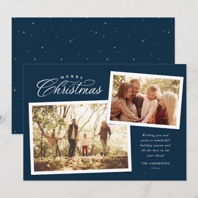 Classic Merry Christmas script two photo navy blue Holiday Card (Front/Back)