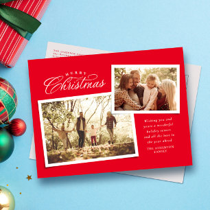 Classic Merry Christmas script two photo red Holiday Postcard