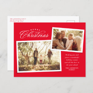 Classic Merry Christmas script two photo red Holiday Postcard