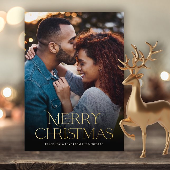 Classic Merry Christmas Text Floral Back | Photo Foil Holiday Card (Creator Uploaded)