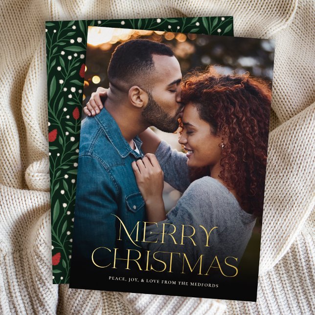 Classic Merry Christmas Text Floral Back | Photo Foil Holiday Card (Creator Uploaded)