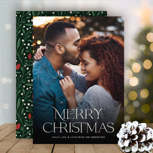 Classic Merry Christmas Text Floral Back   Photo Holiday Card