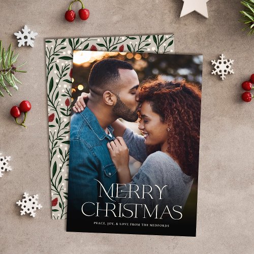 Classic Merry Christmas Text Floral Back  Photo Holiday Card