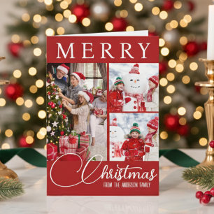 Classic Merry Christmas Three Photo Red And White Holiday Card