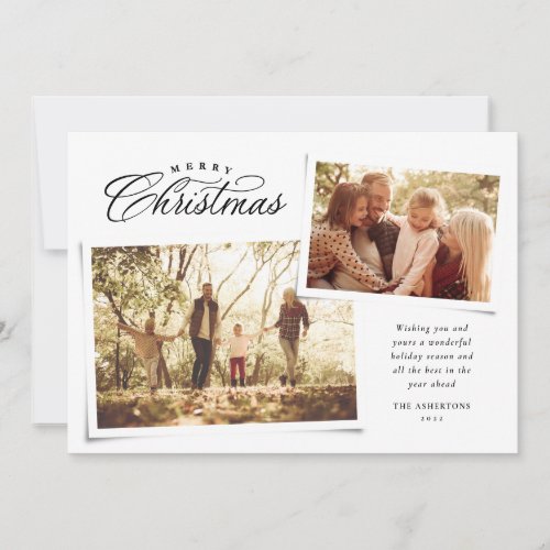 Classic Merry Christmas two photo black and white Holiday Card