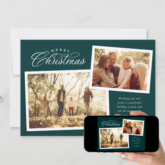 Classic Merry Christmas two photo dark green Holiday Card Zazzle
