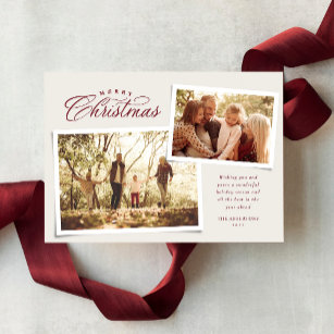 Classic Merry Christmas two photo elegant maroon Holiday Card