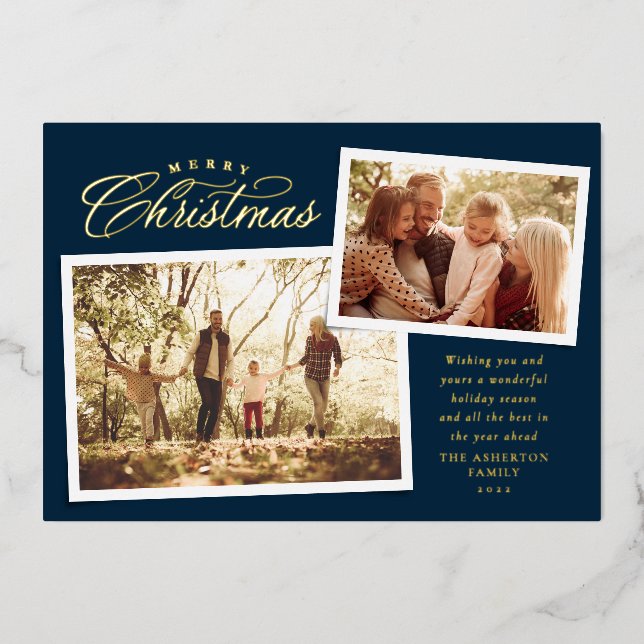 Classic Merry Christmas two photo elegant navy Foil Holiday Card (Front)