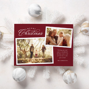 Classic Merry Christmas two photo maroon red Holiday Card