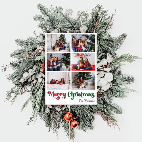 Classic Merry Christmas Vertical Six Photo Holiday Card