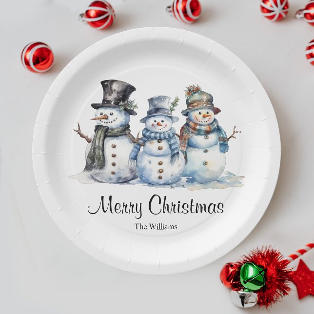 Classic Merry Christmas Watercolor Snowman Party Paper Plates (Creator Uploaded)