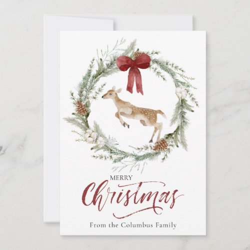 Classic Merry Christmas Winter Animal Wreath Photo Holiday Card