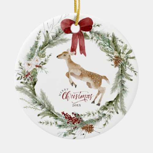 Classic Merry Christmas Winter Holiday Wreath Ceramic Ornament