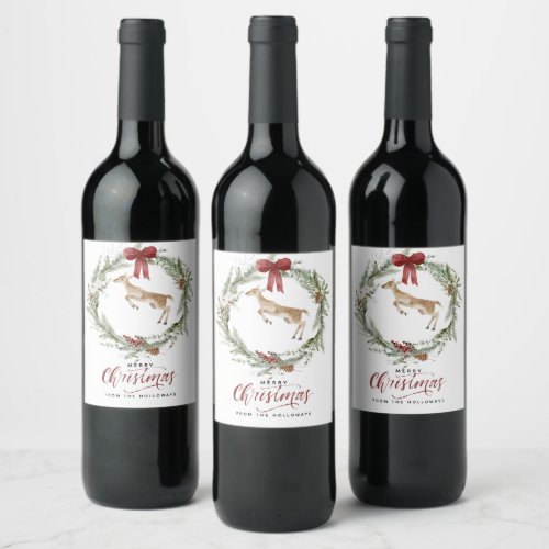 Classic Merry Christmas Winter Holiday Wreath Wine Label