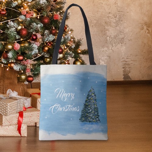 Classic Merry Christmas Winter Tree Painting Tote Bag