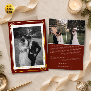Classic Merry & Married Burgundy 3 Photo Christmas Foil Holiday Card