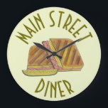 Classic Miami Cuban Sandwich Diner Deli Restaurant Large Clock<br><div class="desc">Illustration features a delicious Cuban sandwich--a Miami, Florida favorite! This tasty pressed sandwich, a version of a classic ham and cheese, has Cuban bread, ham, Swiss cheese, pickles, mustard, and sometimes salami. Great for your favorite Floridian! This Cuban sandwich foodie design is also available on other products. Lots of other...</div>