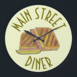 Classic Miami Cuban Sandwich Diner Deli Restaurant Large Clock<br><div class="desc">Illustration features a delicious Cuban sandwich--a Miami, Florida favorite! This tasty pressed sandwich, a version of a classic ham and cheese, has Cuban bread, ham, Swiss cheese, pickles, mustard, and sometimes salami. Great for your favorite Floridian! This Cuban sandwich foodie design is also available on other products. Lots of other...</div>