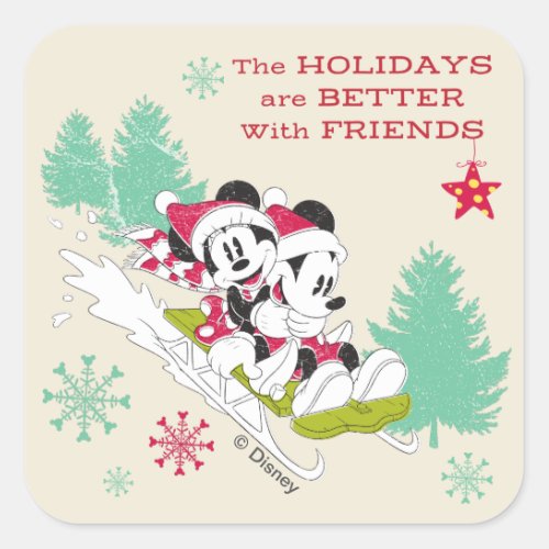 Classic Mickey and Minnie  Snow Sledding Square Sticker
