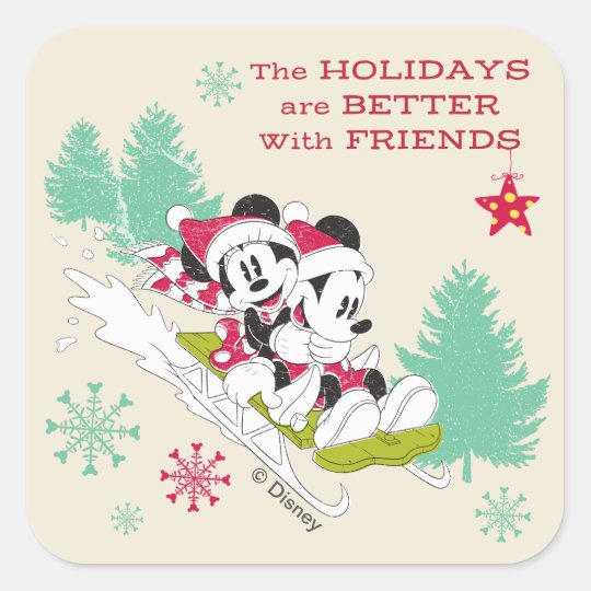 Classic Mickey and Minnie | Snow Sledding Square Sticker | Zazzle.com