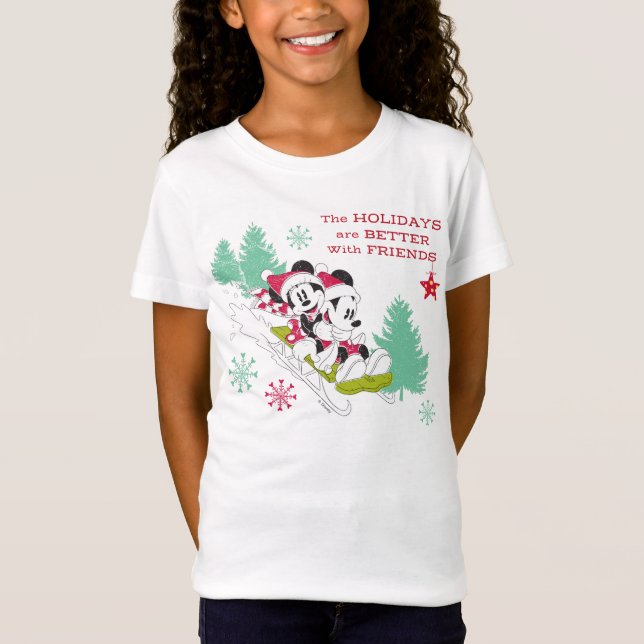 Classic Mickey and Minnie | Snow Sledding T-Shirt (Front)