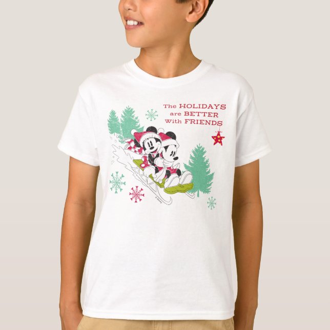 Classic Mickey and Minnie | Snow Sledding T-Shirt (Front)