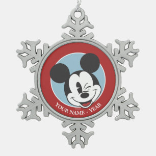 Classic Mickey Head Tilt Wink Add Your Name Snowflake Pewter Christmas Ornament
